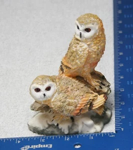 Pair of Tawny Owls perched on snow covered rock RESIN - Picture 1 of 10