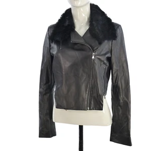 J BRAND Jacket Real Lamb Leather Black Biker Moto Cropped Fur Trim Y2K Size S - Picture 1 of 9