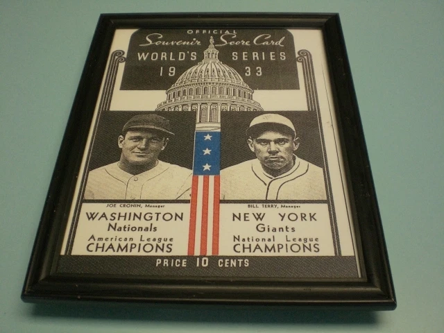 1933 NATIONALS vs NEW YORK GIANTS FRAMED WORLD SERIES SCORE CARD PRINT - Image 1 of 1