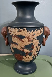 Large Chinese Yixing Zisha Clay Vase Dragons & Phoenix Blue Matte Carved Pottery - Picture 1 of 10