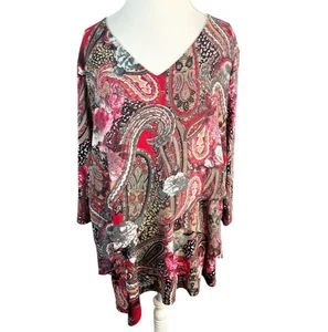 Susan Graver Layered Asymmetrical Tier Tunic Paisley Floral Red Lagenlook Sz 1X - Picture 1 of 8