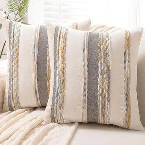 Boho Throw Pillow Covers 18x18 Set of 2 Farmhouse Decorative Cushion Case Str... - Picture 1 of 6