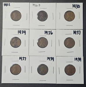9 Lincoln Wheat Pennies 1911 1926D 1930 1934 1936 (2)1937 (2)1939 - Picture 1 of 2