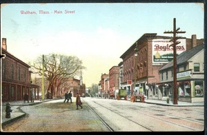 1910 Waltham Massachusetts Main Street Historic Vintage Leighton Postcard - Picture 1 of 2