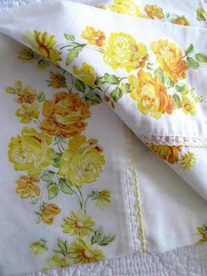 Vintage JC Penney Fashion Manor TWIN Flat SHEET Yellow Roses Embroidered Lace - Image 1 of 4