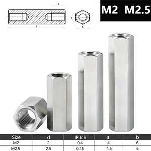 M2 M2.5 A2 STAINLESS STEEL HEX CONNECTOR NUTS THREADED ROD COUPLERS - Picture 1 of 6