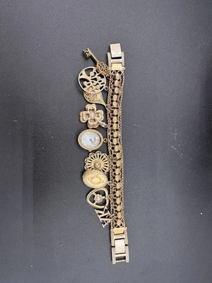 Anne Klein Vintage Style Gold Plated Large 9 Charms Bracelet Oval ladies Watch - Image 1 of 4