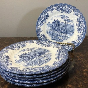 Vintage Johnson Brothers blaue Coaching-Szenen Menge 6 BROT- UND BUTTERTELLER - Bild 1 von 4