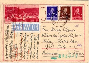 Rumänien 1942, 12 L. Ganzsache m. Zusatzfr. per Luftpost v. Bukarest n. Norwegen - Picture 1 of 1