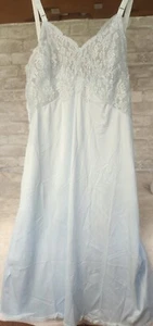 Vtg Sears Lingerie Slip Dress Blue Nylon Knee Length Lace Trim Sz 34 USA made - Picture 1 of 8