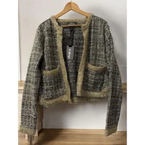 Oliveto Tweed Cropped Cardigan with Gold Metallic Trim Open Front Size L - Picture 1 of 3
