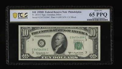 DBR 1950-D $10 FRN Philadelphia Gem Fr. 2014-C PCGS-B 65 PPQ Serial C54724306C - Image 1 of 2