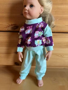 Kleidung/Schlafanzug für Götz Hannah 46-50 cm(große Stehpuppe), Eule lila-türkis - Bild 1 von 2