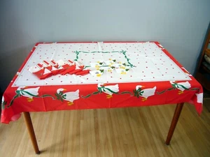 Tovaglia natalizia retrò vintage Vera Neumann e 8 tovaglioli e anelli festa dell'oca - Foto 1 di 5