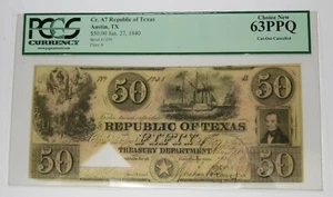 1840 PCGS $50 Republic of Texas UNC 63 PPQ - Cr.A7 Bank Note #29543F - Picture 1 of 2