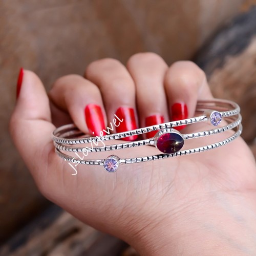 VALENTINO Bracciale Granato Rosso e Pietra Preziosa Ametista Sfaccettata Argento Sterling 925 Ultimo Bracciale