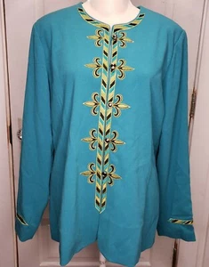 New Bob Mackie Wearable Art Large Teal Black Embroidered Button Up Lined Jacket - Picture 1 of 10