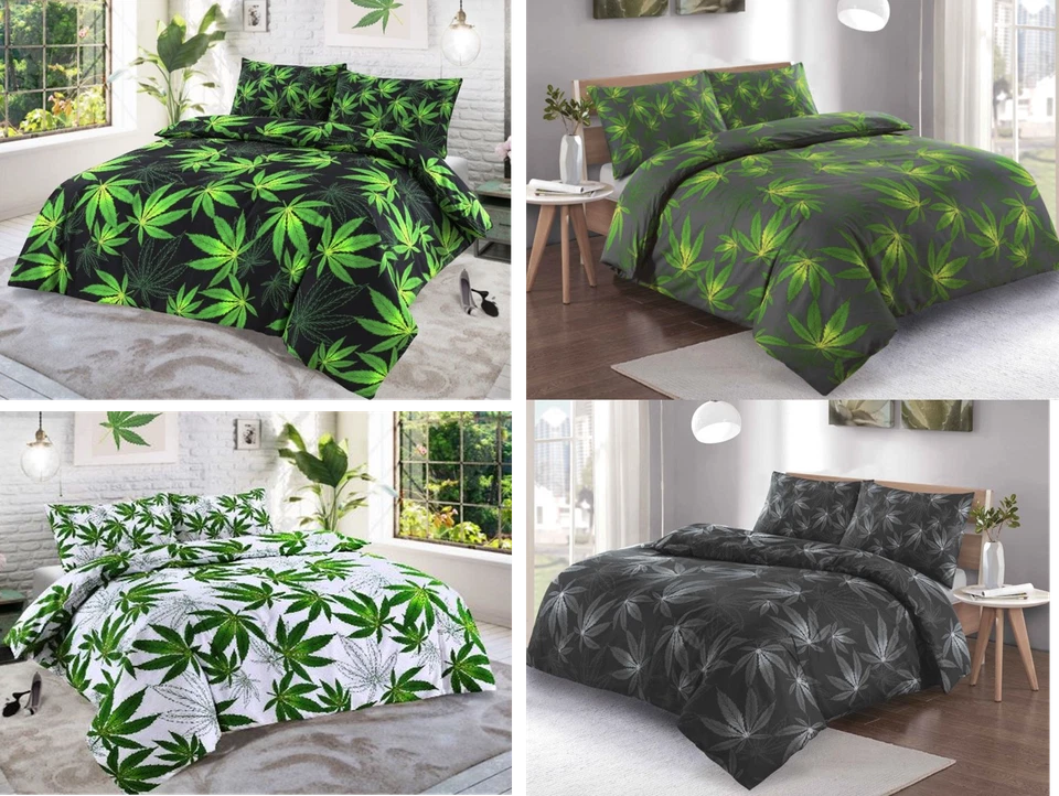 Juego de ropa de cama con edredón edredón de hierba de cannabis individual doble rey verde negro blanco Foto 1 de 1