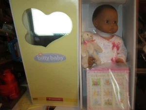 American Girl Bitty Baby doll BB5 Doll MED SKIN DK BRN HAIR WITH BEAR BOOK NIB - Picture 1 of 5