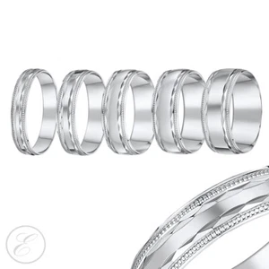 4mm-8mm 9ct White Gold Light Weight Diamond Cut Beaded Edge D Shape Wedding Band - Picture 1 of 8