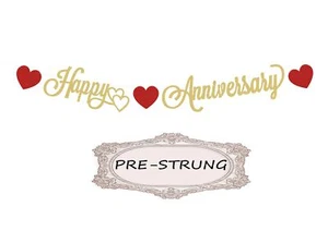 Pre-Strung Happy Anniversary Banner Gold Glitter Party Decorations Photo Props - Picture 1 of 7