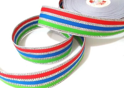 1" 25mm wide 19y Red Blue GreEN Silver Metallic Polyester Grosgrain Ribbon MR39 - Image 1 of 4