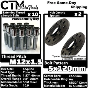 2x 12mm Thick 5x120 72.56mm CB Wheel Spacer w/ Chrome 12x1.5 Spline Bolt Fit BMW - Picture 1 of 9