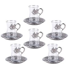 6pc Irem Tea Set Glass Silver Turkish Teacups Saucers Zamzam Cups Glasses Armudu