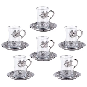 6pc Irem Tea Set Glass Silver Turkish Teacups Saucers Zamzam Cups Glasses Armudu - Picture 1 of 14