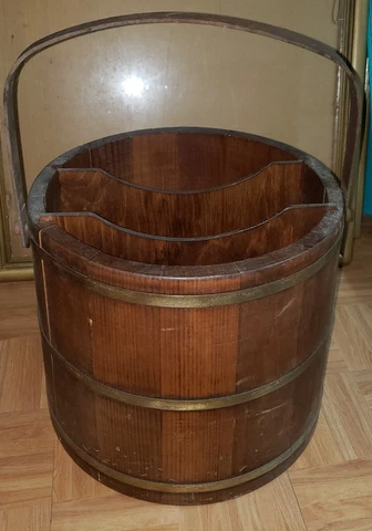 Vintage Large Primitive Wood Wooden Bucket Newspaper Holder Putney Basketville Cover