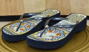 Brighton Museum Women's Sandals Size 8 Printed Navy Flip Flop Silver Plated - Picture 1 of 12