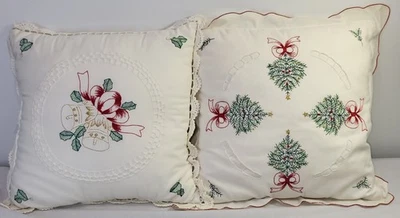 2 Vtg Embroidered Christmas Bells & Trees Holiday Decorative Pillows Grannycore - Image 1 of 4
