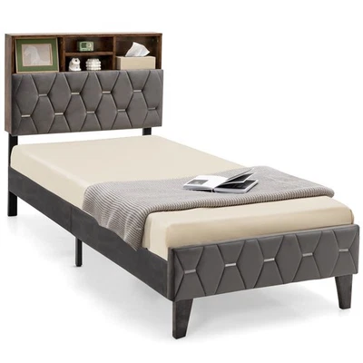 Single Size Bed Frame Upholstered Platform Bed Slat Support W/ Storage Headboard - Image 1 of 4