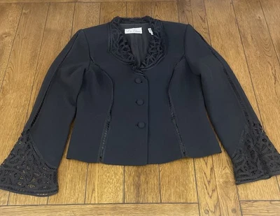 Blazer vintage Liz Elana negro ribete de encaje para mujer talla 10 recortes leer Foto 1 de 4