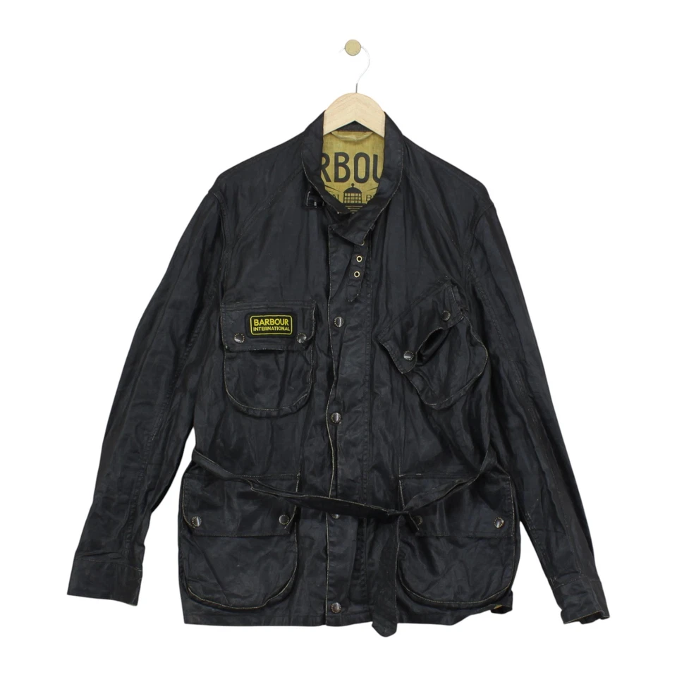 Barbour Duralinen International Jacket Mens Size M Black Linen Belted Motorcycle - Image 1 of 4