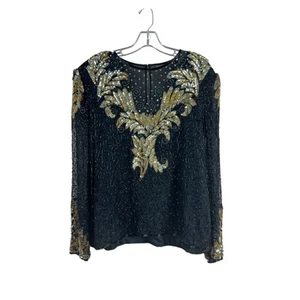 LAURENCE KAZAR womens size XL pure silk black beaded sequined long sleeve blouse - Picture 1 of 4