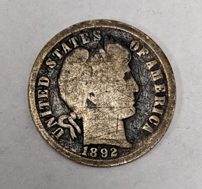 Moneda de diez centavos de plata O Barber Head 1892 Foto 1 de 3