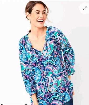 TALBOTS Feminino Multicolorido Manga 3/4 Rayon Decote Amarrado Popover Camponês Tamanho XL - Imagem 1 de 4