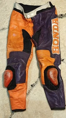 vintage Honda 600 motocross leathers motorcycle trousers- orange purple black - Image 1 of 4