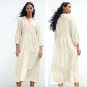 Vestido Zara Mezcla de Lino en Niveles Midi Pequeño Boho Blanco Marfil Novia Ducha Fiesta - Imagen 1 de 6