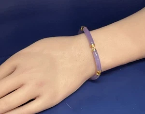 Beautiful 14k Yellow Gold Purple Jade 7” Bracelet 💜10.7 Grams - Picture 1 of 6