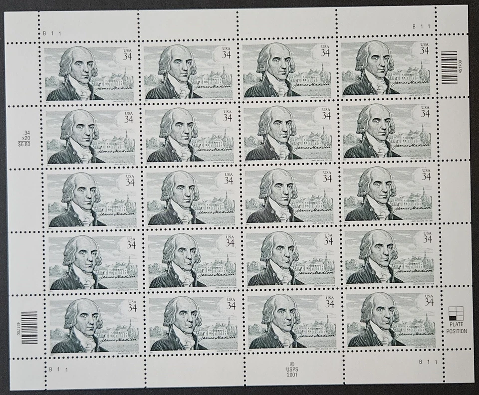 US Scott # 3545 - James Madison - Sheet of 20 Stamps - MNH - Image 1 of 1