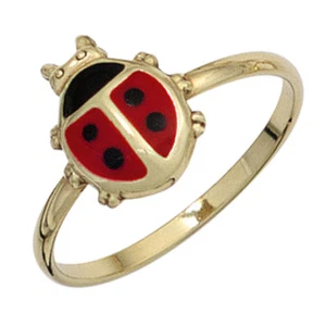 Anillo Niños Ladybug De 333 Oro Amarillo Negro Rojo Pintado, - Imagen 1 de 1
