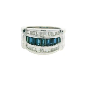 14k White Gold Baguette Diamonds & Sapphire Wide Band Ring - Picture 1 of 8