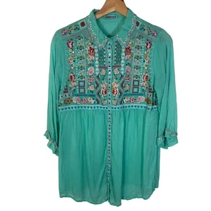 Johnny Was Embroidered Cupra Rayon Crinkle Button Up Shirt S Sheer Green Boho - Picture 1 of 6