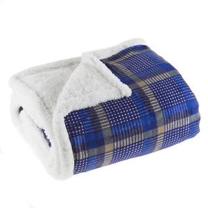 Fleece Sherpa Throw Blanket - Plaid - Blue/Yellow - Picture 1 of 5