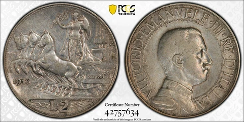 1910 R  2 LIRE ITALY (SILVER) VITTORIO EMANUELE III PCGS VF30 #42757634  KM#46 Cover