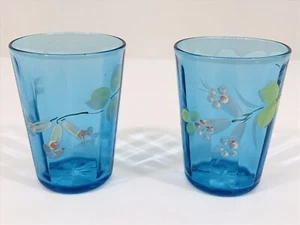Vintage blau türkis 2 Gläser handbemalt Hartriegel Blumen Becher Saft Cocktails - Bild 1 von 12