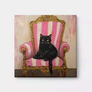Carino gatto nero arrabbiato seduto su sedia antica rosa stampa tela arte da parete - Foto 1 di 7