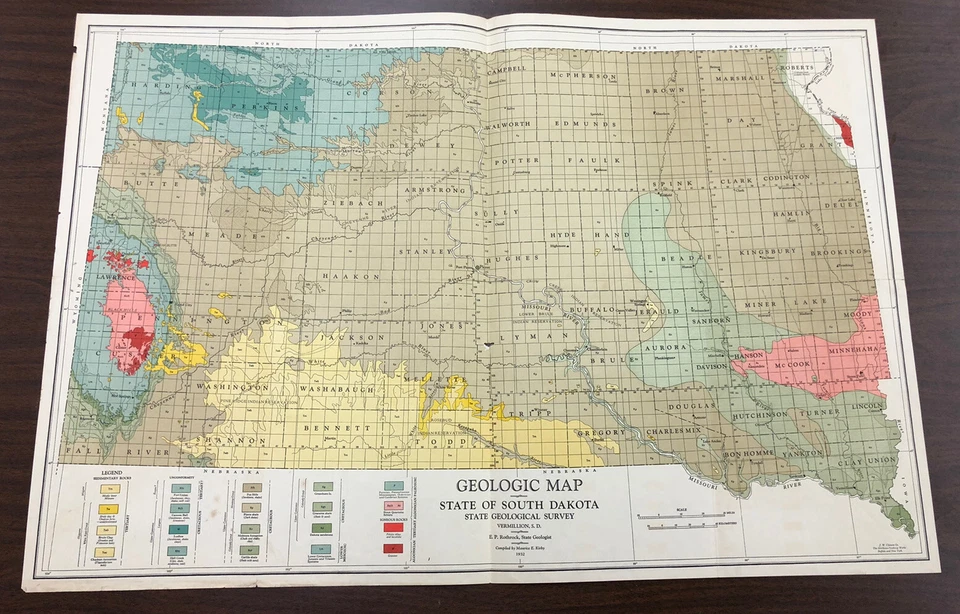 Raro mapa geológico vintage de 1932 de Dakota del Sur 22 3/4 x 34" arte de pared ¡papel antiguo! Foto 1 de 4